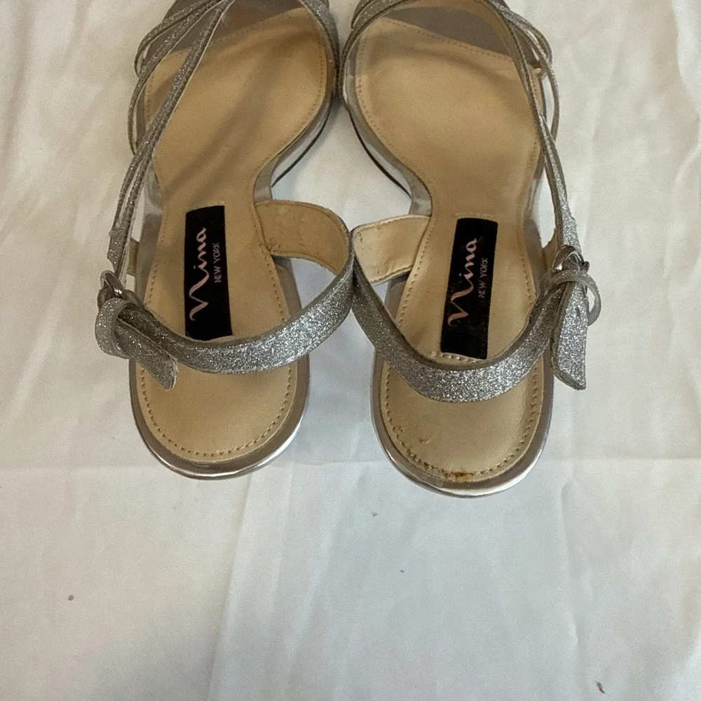 Y2K Silver Nina Heels Size 8.5 Glitter Slingback Sandals, Strappy Glam Look New